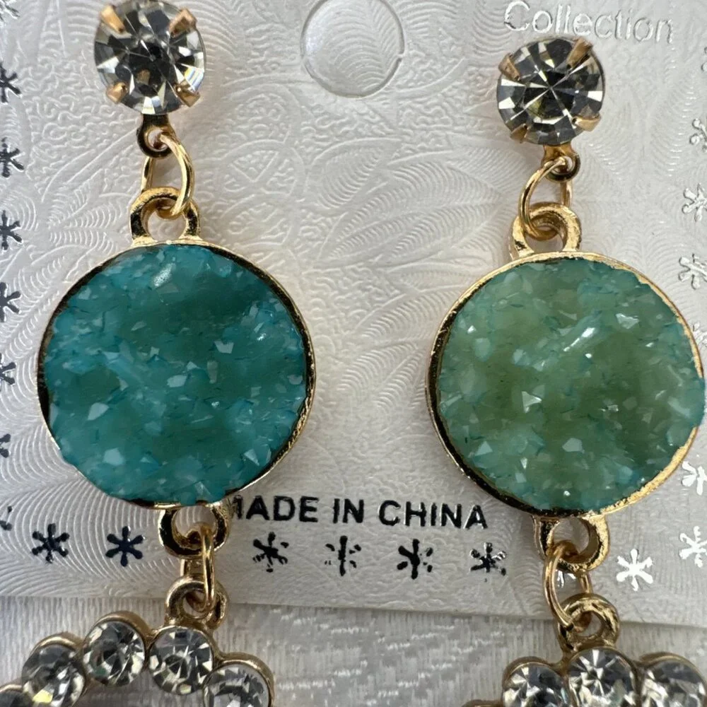 Pastel Faux Green Crystal Gold Rhinestone Earrings Dangle Drop Festive Party NEW